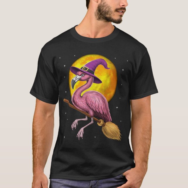 Flamingo Witch Riding Broom T-Shirt (Front)
