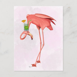 Flamingo with a Cocktail Postcard