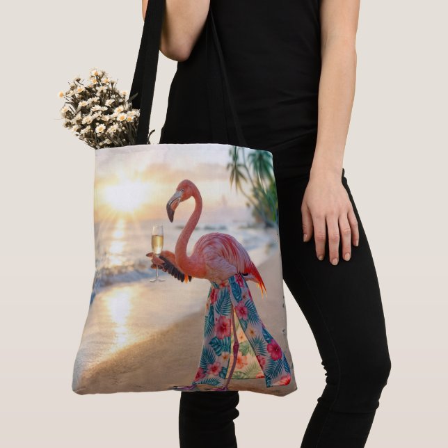 Flamingo With Champagne On a Beach Tote Bag (Close Up)