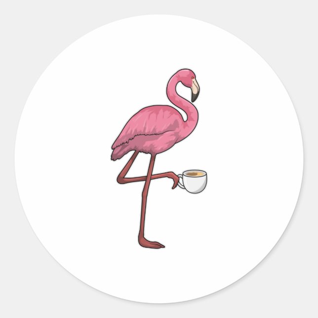 Flamingo with Cup of Coffee Classic Round Sticker (Front)