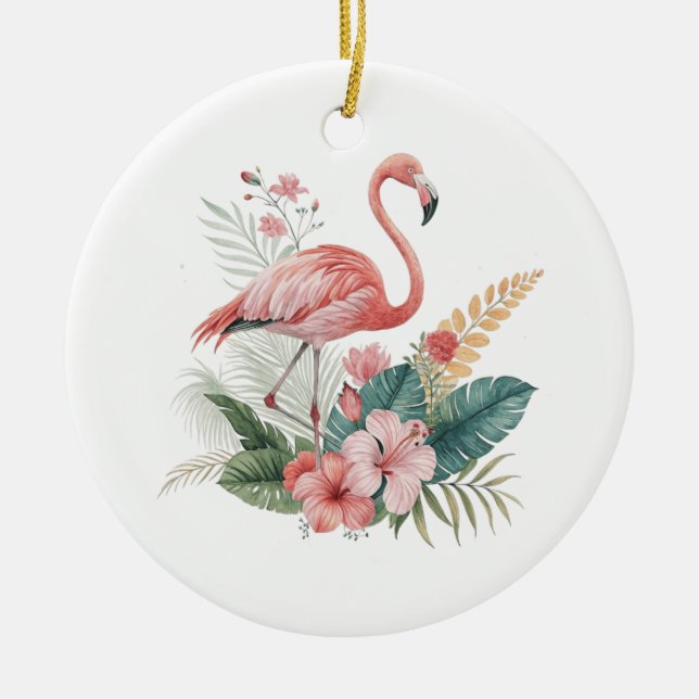 Flamingo With Flowers Ceramic Tree Decoration (Front)