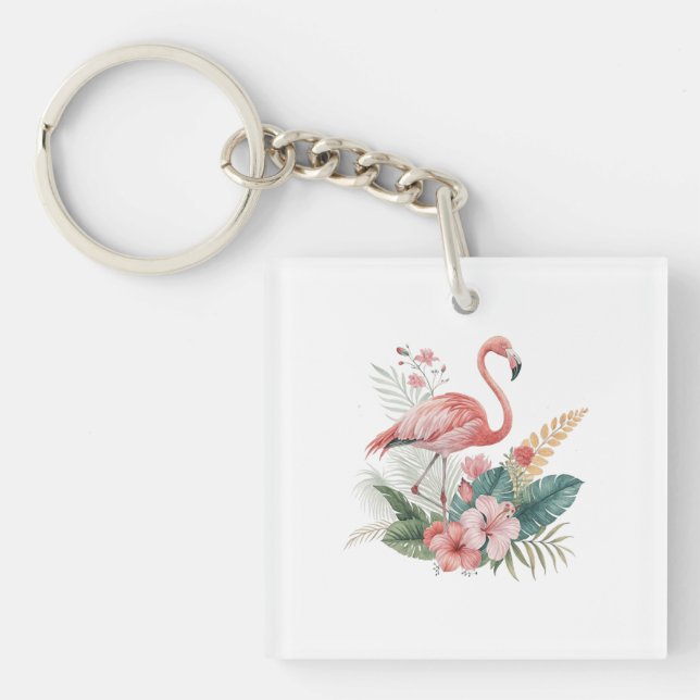 Flamingo With Flowers Key Ring (Front)