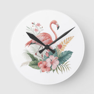 Flamingo With Flowers Round Clock