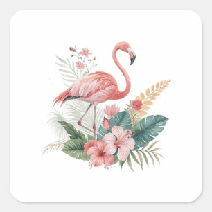 Flamingo With Flowers Square Sticker