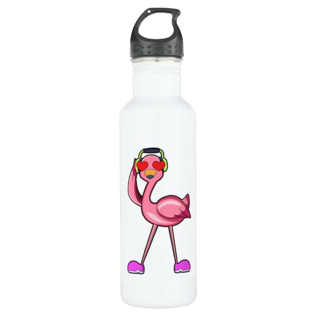 Flamingo with Headphone & Hearts 710 Ml Water Bottle (Front)