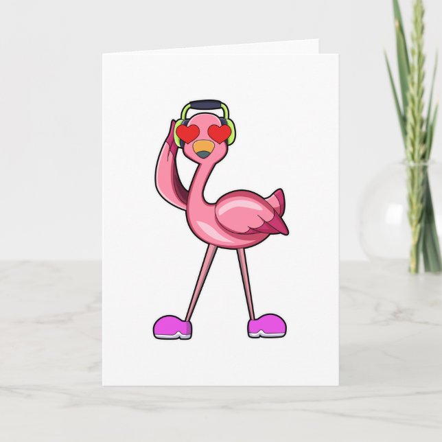Flamingo with Headphone & Hearts Card (Front)