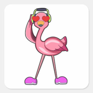 Flamingo with Headphone & Hearts Square Sticker