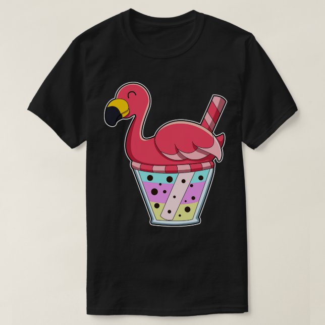 Flamingo with Mug of Juice Drinking straw T-Shirt (Design Front)