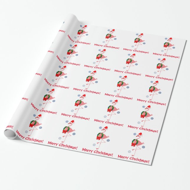 Flamingo with Santa Hat and Wreath Merry Christmas Wrapping Paper (Unrolled)