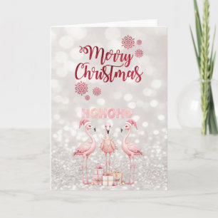 Flamingo With Santa Hat,Pine Trees,Glittery Bokeh Holiday Card