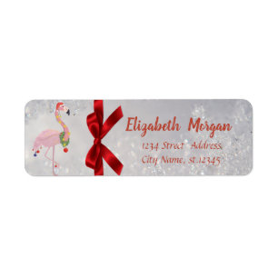 Flamingo With Santa Hat Silver, Red Bow, Holiday