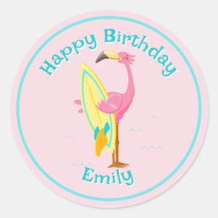Flamingo with Surfboard Pink Classic Round Sticker
