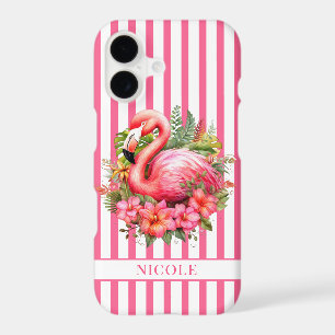 Flamingo with Tropical Flowers on Stripes