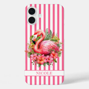Flamingo with Tropical Flowers on Stripes iPhone 16 Plus Case