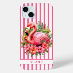 Flamingo with Tropical Flowers on Stripes iPhone 15 Mini Case
