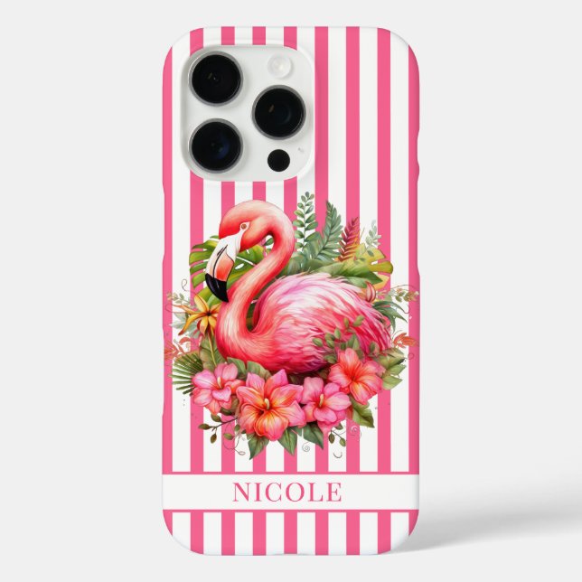 Flamingo with Tropical Flowers on Stripes Case-Mate iPhone Case (Back)