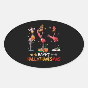 Flamingo Womens Flamingo Happy HalloThanksmas Oval Sticker