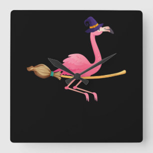 Flamingo Womens Funny Flamingo Witch Halloween Square Wall Clock