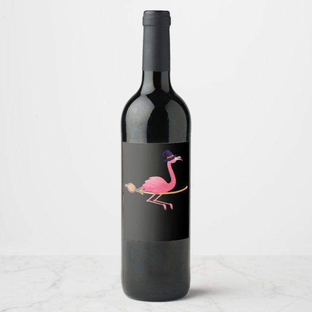 Flamingo | Womens Funny Flamingo Witch Halloween Wine Label (Front)