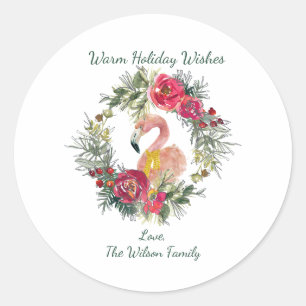 Flamingo Wreath Warm Holiday Wishes Custom  Classic Round Sticker