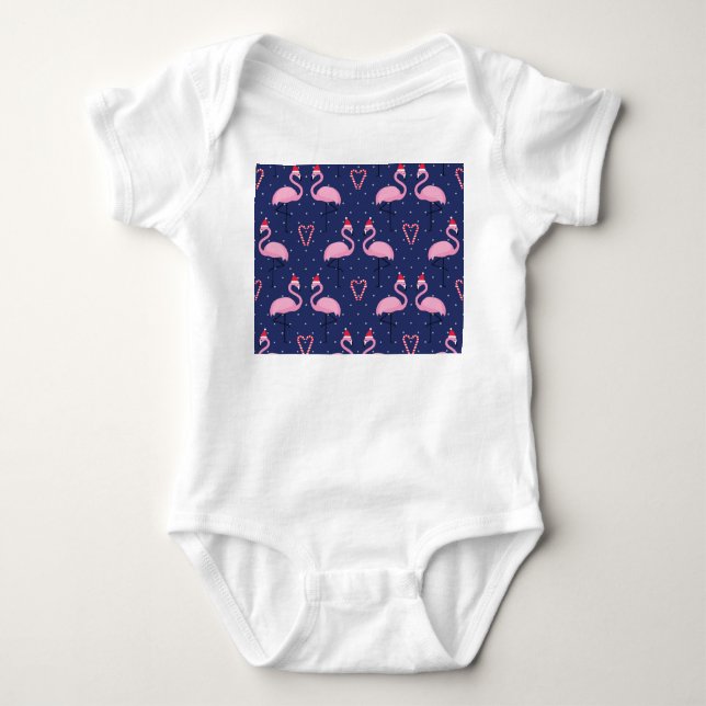 Flamingo Xmas Hat Candy Pattern Baby Bodysuit (Front)