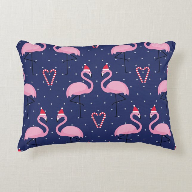 Flamingo Xmas Hat Candy Pattern Decorative Cushion (Front)