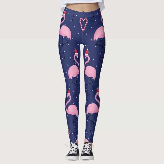 Flamingo Xmas Hat Candy Pattern Leggings (Front)