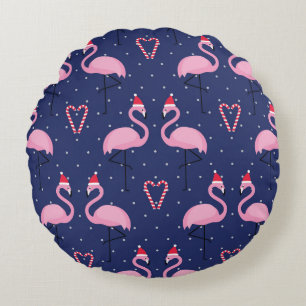 Flamingo Xmas Hat Candy Pattern Round Cushion
