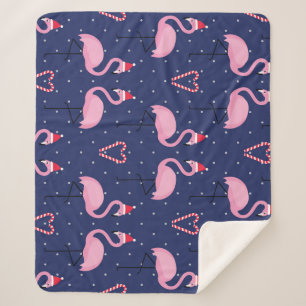 Flamingo Xmas Hat Candy Pattern Sherpa Blanket