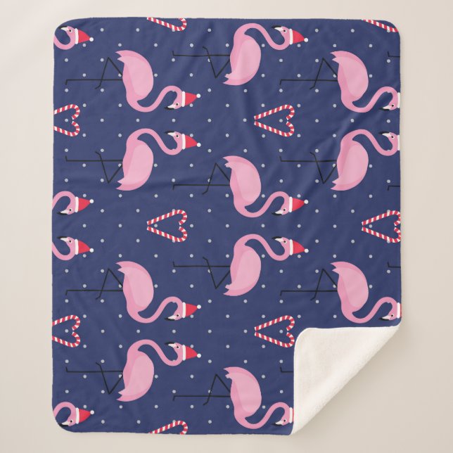 Flamingo Xmas Hat Candy Pattern Sherpa Blanket (Front)