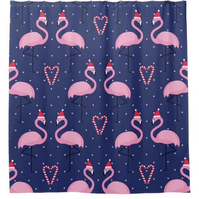Flamingo Xmas Hat Candy Pattern Shower Curtain (Front)
