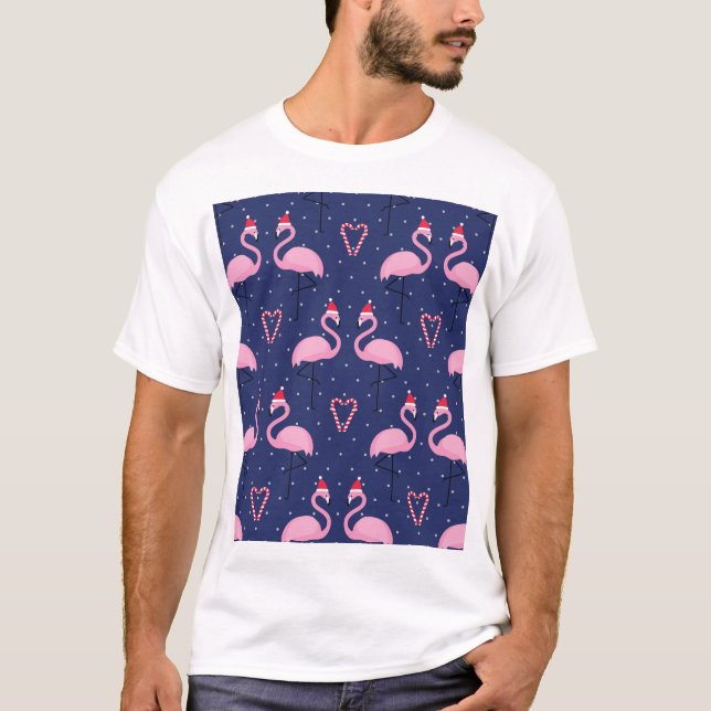 Flamingo Xmas Hat Candy Pattern T-Shirt (Front)