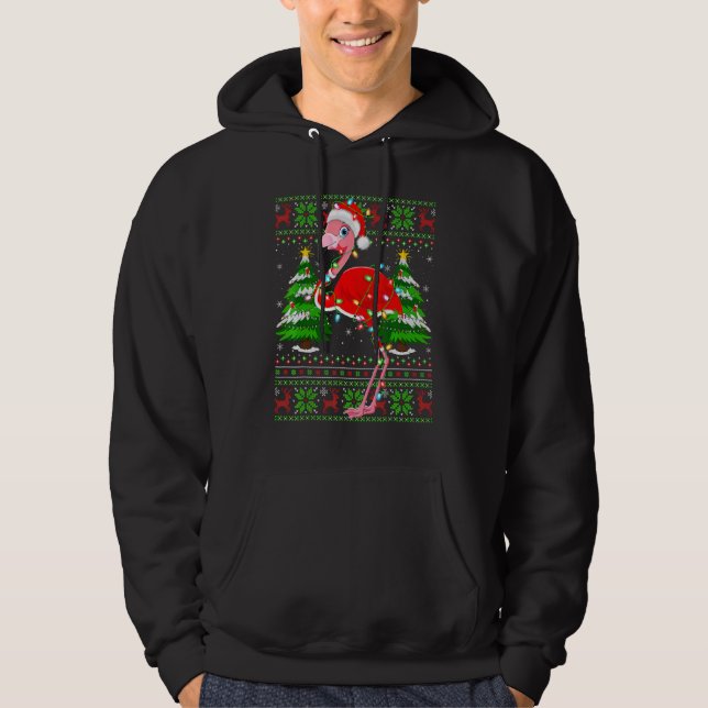 Flamingo  Xmas Lights Ugly Santa Flamingo Christma Hoodie (Front)