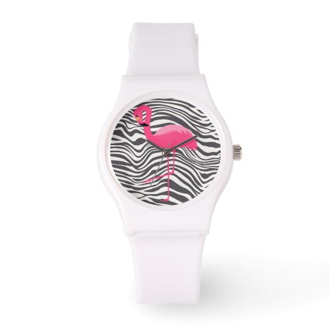 FLAMINGO ZEBRA STRIPE CUSTOM WHITE WATCH (Front)