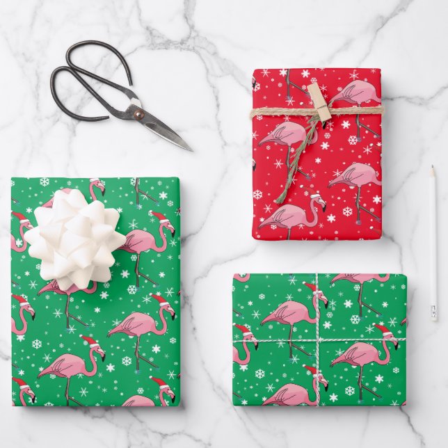 Flamingoes in  Santa Hats Christmas Wrapping Paper Sheet (Front)