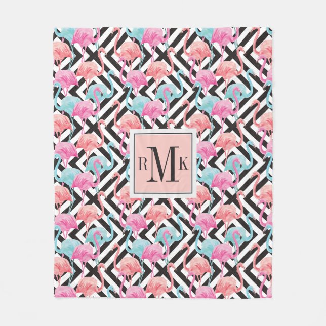 Flamingoes on Bold Design Pattern Fleece Blanket (Front)