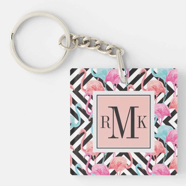 Flamingoes on Bold Design Pattern Key Ring (Front)