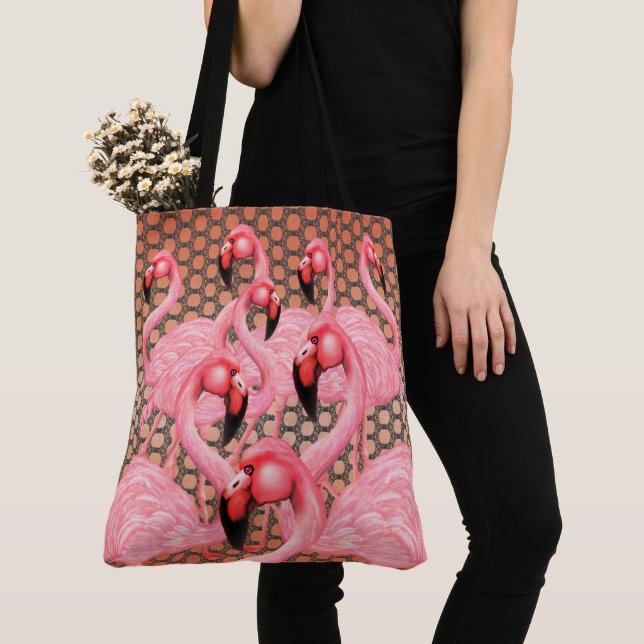 Flamingoes on Parade with Polka Dots Tote Bag (Close Up)