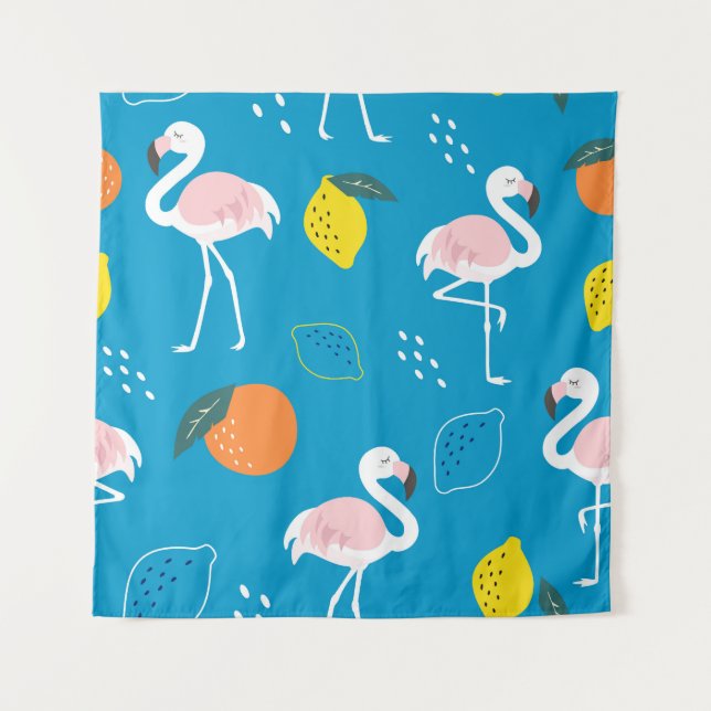 Flamingos, abstract tropical fruits, trendy patter tapestry (Front)