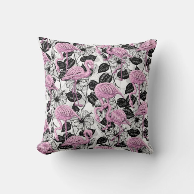 Flamingos and hibiscus flowers cushion (Front)