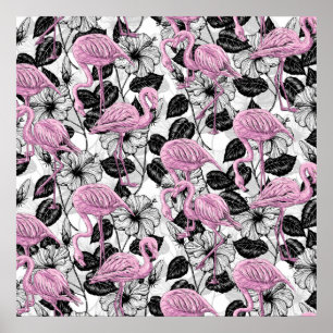 Flamingos and hibiscus flowers poster