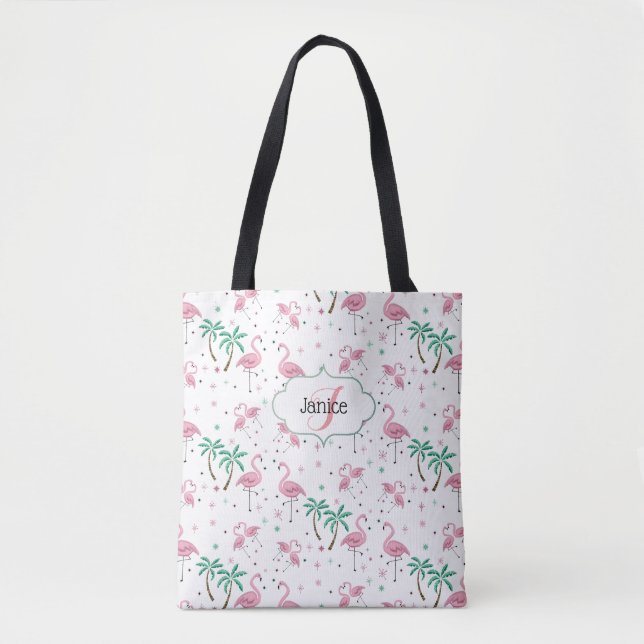 Flamingos and Palm Trees Atomic Style Monogram Tote Bag (Front)