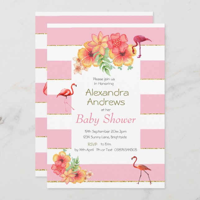 Flamingos and  Pink Stripe Baby Shower Invitation (Front/Back)