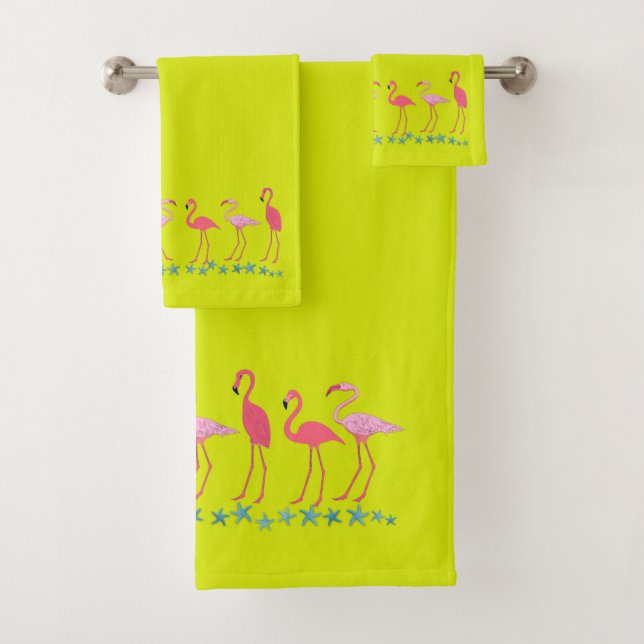 Flamingos and Sea Stars Bright Chartreuse Bath Towel Set (Insitu)