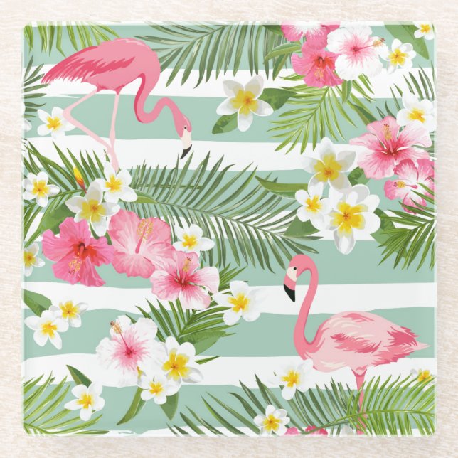 Flamingos And Stripes Glass Coaster (Front)