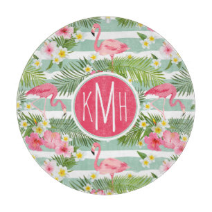 Flamingos And Stripes Monogram Cutting Board