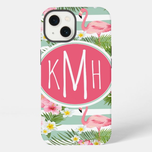 Flamingos And Stripes | Monogram iPhone Case (Back)