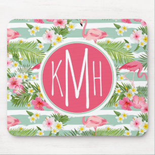 Flamingos And Stripes   Monogram Mouse Pad