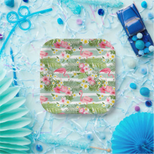 Flamingos And Stripes Paper Plate