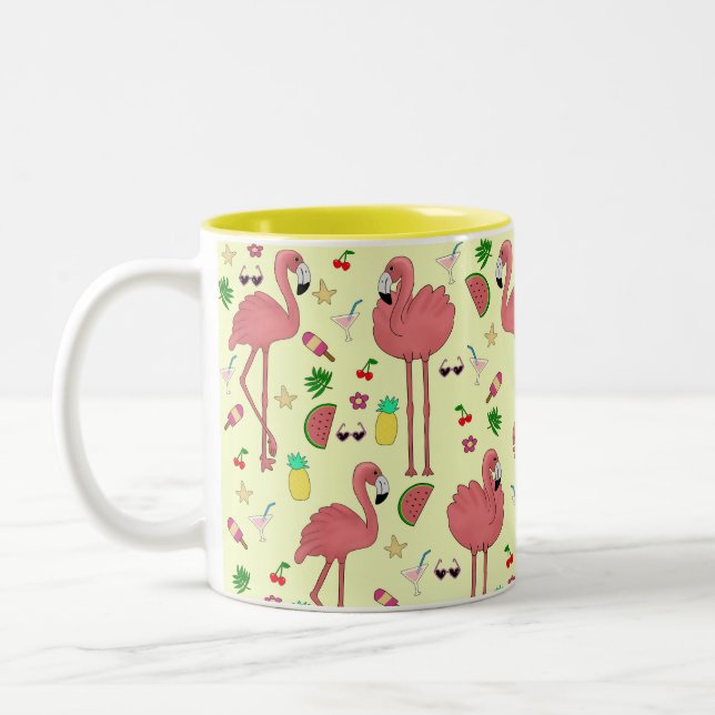Flamingos and Summer Theme - Yellow Two-Tone Coffee Mug (Left)